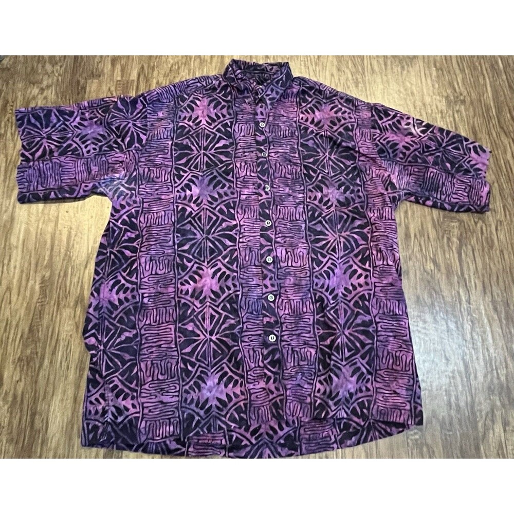Johari West Button UpHawaiian Shirt Men's 3XL  Purple Abstract Batik 100% Cotton